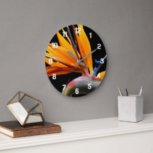 Reloj Redondo Grande Planta floral de ave del paraíso tropical naranja