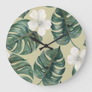 Reloj Redondo Grande Plantas acuarelas tropicales: patrón sin soldadura