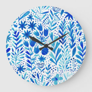 Reloj Redondo Grande Plantas de acuarela floral de textura sin foco