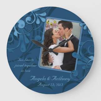 Reloj Redondo Grande Plantilla de fotografía personalizada Floral azul
