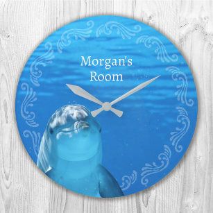 Reloj Redondo Grande Plantilla de nombre de oceano azul delfín