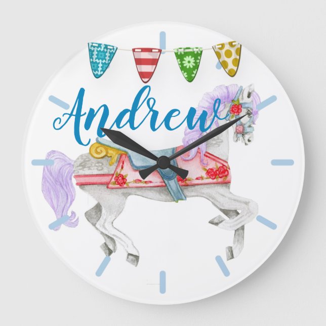 Reloj Redondo Grande Plantilla de Personalizado de caballo de carrusel (Anverso)