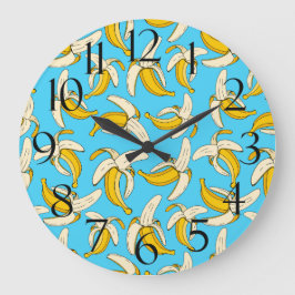 Reloj Redondo Grande Plátanos tropicales amarillos en fruta azul de mod