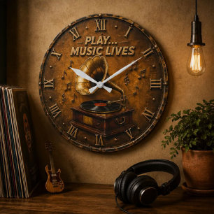 Reloj Redondo Grande Play Music Lives Vintage Gramophone Vinyl Record D