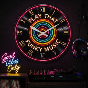 Reloj Redondo Grande Play That Funky Music Neon Vinyl Record Decor