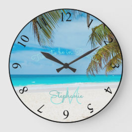 Reloj Redondo Grande Playa de arena tropical Árbol de palmeras turquesa