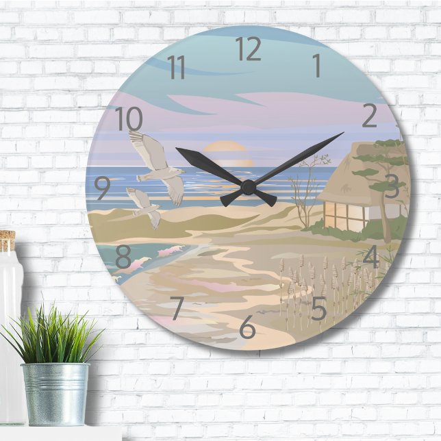 Reloj Redondo Grande Playa de Arte Oceánico (Cute Ocean Pastel Coastal Art Blue Beach Large Clock)