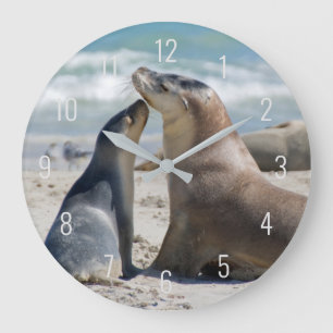 Reloj Redondo Grande Playa de león y cachorro de mar cerca de retrato