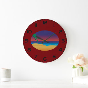 Reloj Redondo Grande Playa de puesta de sol tropical hojas de palma ola