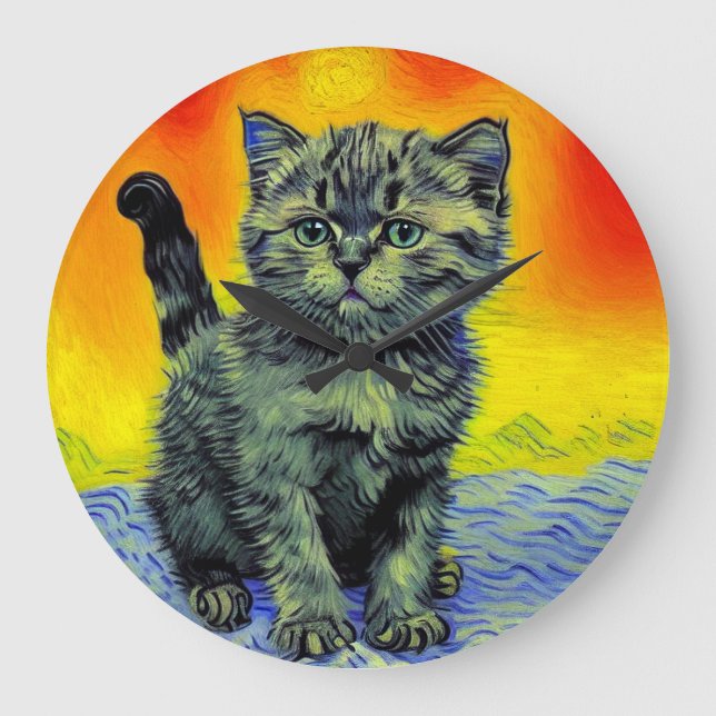 Reloj Redondo Grande Playa de Sunset Cat Style Van Gogh (Anverso)
