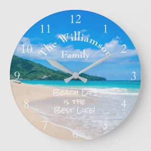 Reloj Redondo Grande Playa Tropical Aqua Océano Arena Blanca Olas