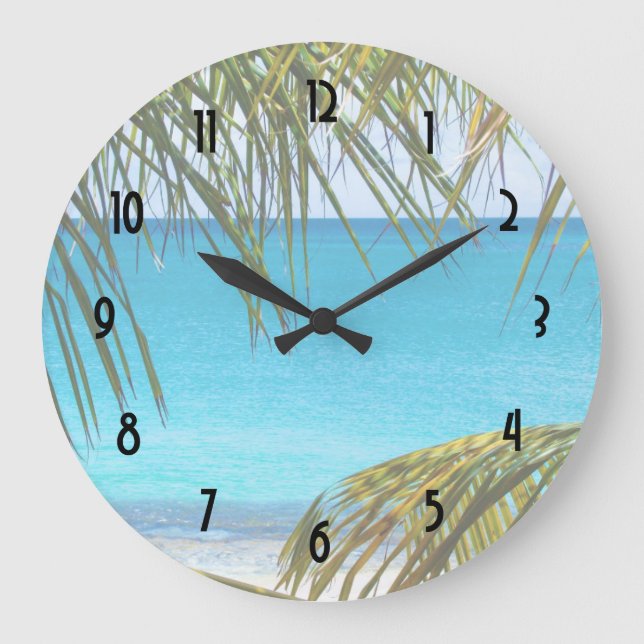 Reloj Redondo Grande Playa Tropical con Palm Fronds (Anverso)