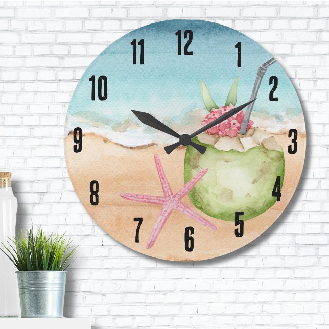 Reloj Redondo Grande Playa Tropical de Cocktail Hour (Cute Starfish Coconut Cocktail Drink Beach Large Clock)
