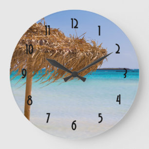 Reloj Redondo Grande Playa Tropical Escénica con Sombrilla de Paja