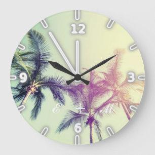 Reloj Redondo Grande Playa Tropical Moderna Adorable, Palmeras -Monogra