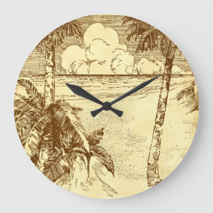 Reloj Redondo Grande Playa Tropical Palm Tree Etching Clock No Números