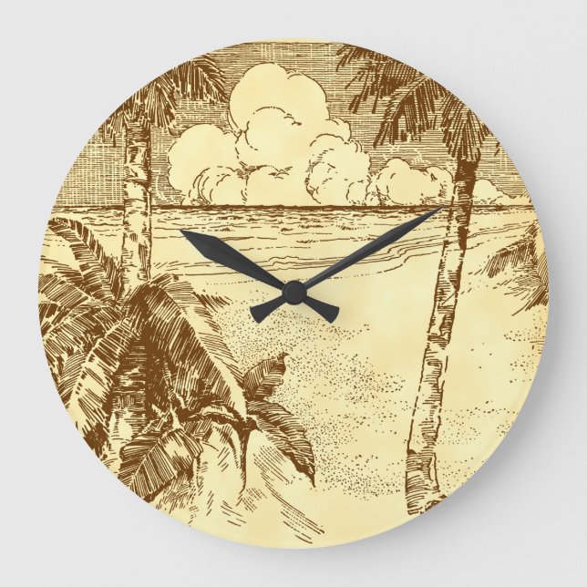 Reloj Redondo Grande Playa Tropical Palm Tree Etching Clock No Números (Anverso)