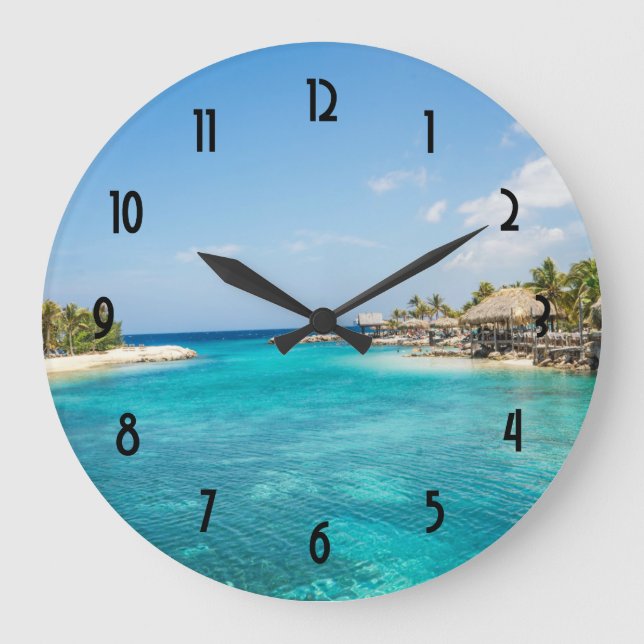 Reloj Redondo Grande Playa tropical panorámica con chozas de paja (Anverso)