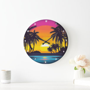 Reloj Redondo Grande Playa Tropical Sunset Palm Tree