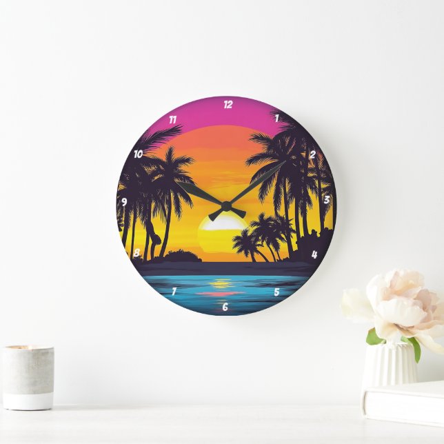 Reloj Redondo Grande Playa Tropical Sunset Palm Tree (Hogar)