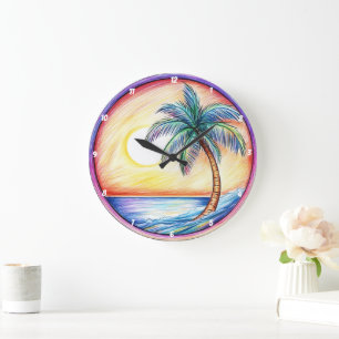 Reloj Redondo Grande Playa Tropical Sunset Palm Tree