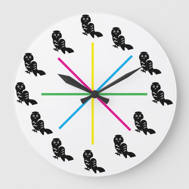 Reloj Redondo Grande Playful Owl Wall Clock – Rainbow Stripes (Anverso)