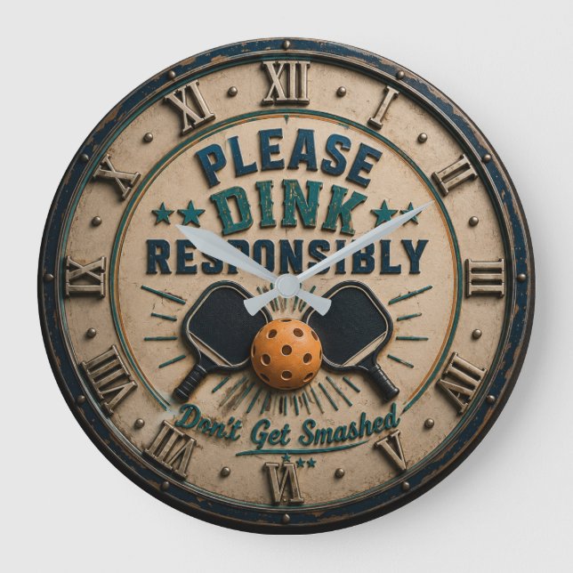 Reloj Redondo Grande Please Dink Responsibly Funny Pickleball (Anverso)