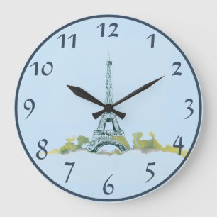 Reloj Redondo Grande Pluma de la Torre Eiffel y boceto de tinta sobre a