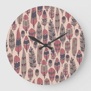 Reloj Redondo Grande Plumas abstractas: colorido fondo vintage.