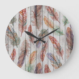 Reloj Redondo Grande Plumas Coloridas, Diseño Seamless Acuarela.