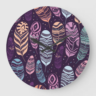 Reloj Redondo Grande plumas étnicas: negro y blanco