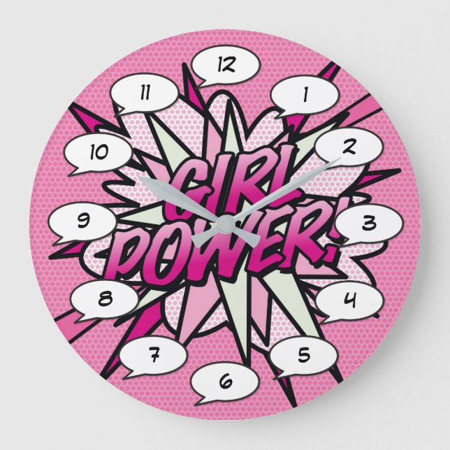 Reloj Redondo Grande PODER FEMENINO Cómic Arte Pop Rosa (Anverso)