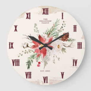 Reloj Redondo Grande Poinsettia de invierno de Navidad rústica en casa