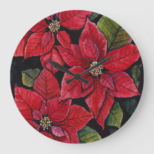 Reloj Redondo Grande Poinsettia vibrante en acuarela