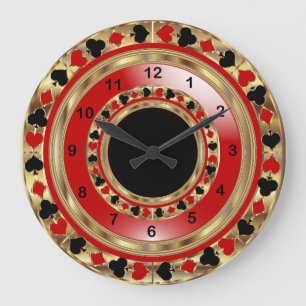 Reloj Redondo Grande Póker rojo, negro y metálico del oro