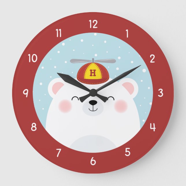 Reloj Redondo Grande Polar Bear in a Propeller Hat with Initial (Anverso)