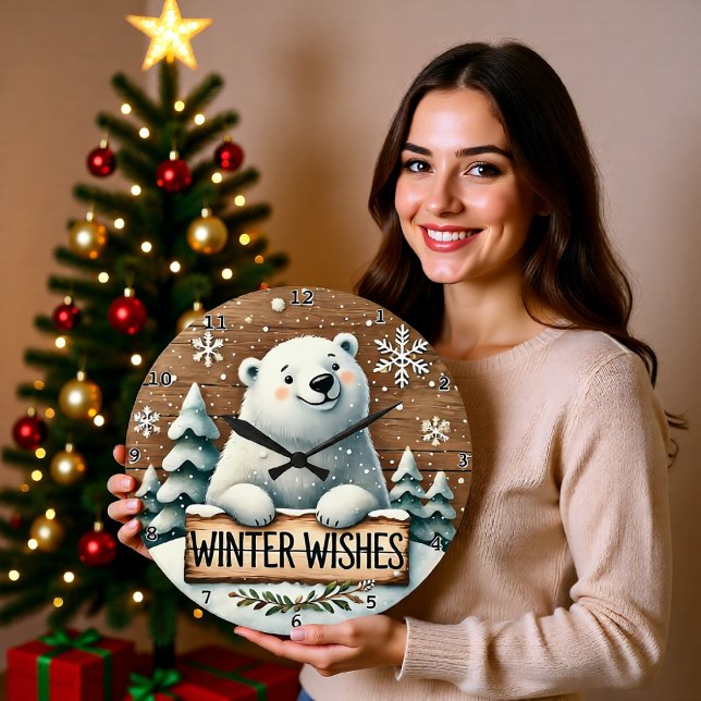 Reloj Redondo Grande Polar Bear Winter Wishes (Subido por el creador)