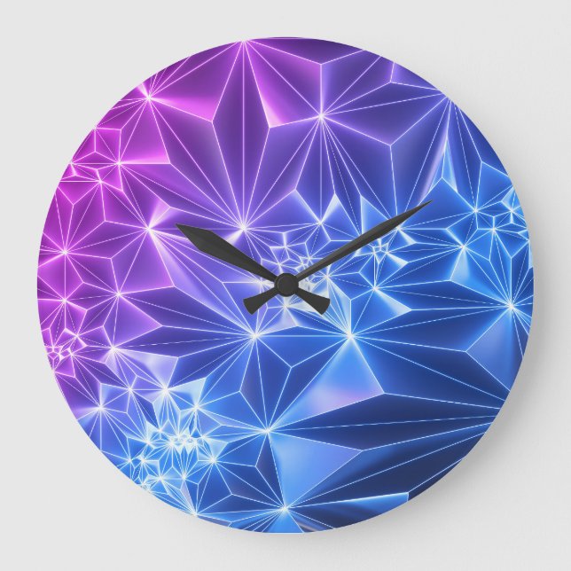 Reloj Redondo Grande Polígono Neón: Azul Rosa 3D. (Anverso)