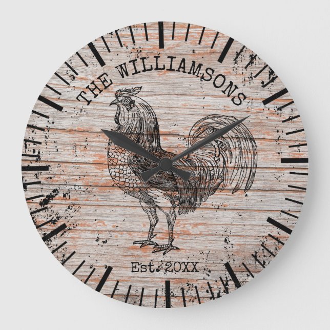 Reloj Redondo Grande Pollo de granja de madera de cosecha rústica (Anverso)