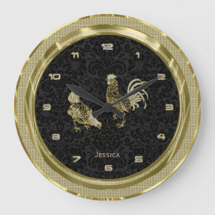 Reloj Redondo Grande Pollos de oro falso con fondo negro 2