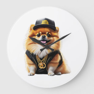 Reloj Redondo Grande Pomerania Gangsta - Perro con Swag de Hip Hop