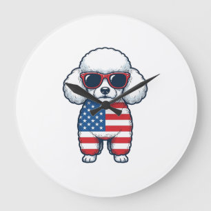 Reloj Redondo Grande Poodle Patriótico con Diseño Vectorial de Gafas de
