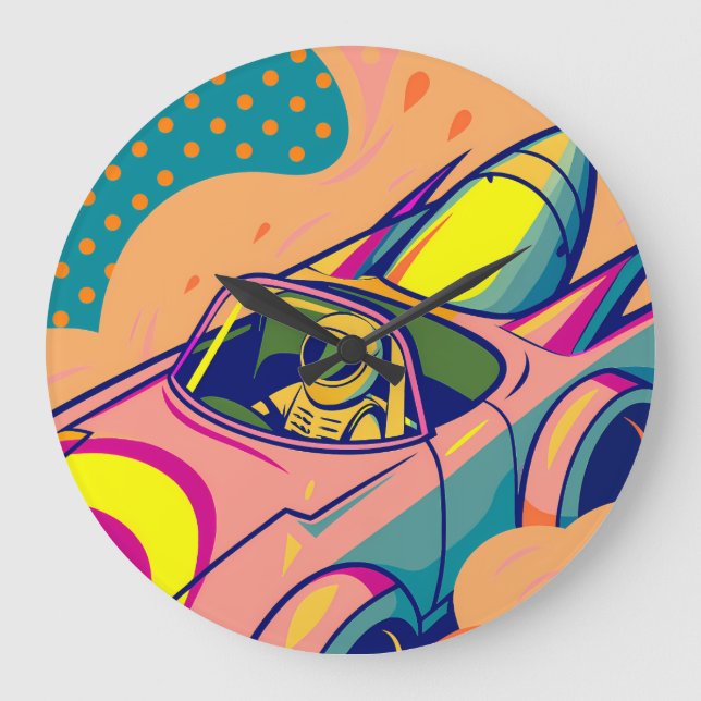 Reloj Redondo Grande Pop Art Astronaut Driving Rocket Car (Anverso)
