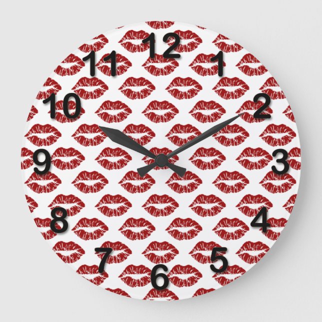 Reloj Redondo Grande Pop Art: Red Lipstick Kisses (Anverso)