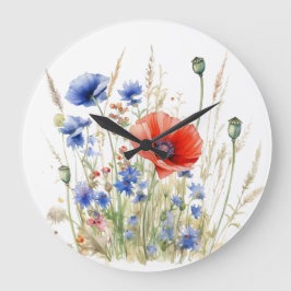 Reloj Redondo Grande Poppies y Cornflowers: Acuarela Rustic Meadow