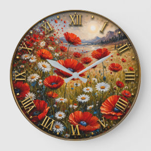 Reloj Redondo Grande Poppy Daisy Wildflower Meadow Scenic Landscape