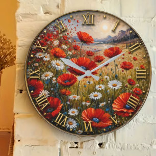 Reloj Redondo Grande Poppy Daisy Wildflower Meadow Scenic Landscape