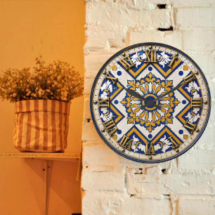 Reloj Redondo Grande Portuguese Blue Yellow Mediterranean Floral