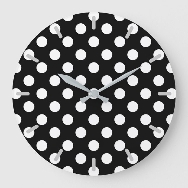 Reloj Redondo Grande Pos de polka blanco sobre negro (Anverso)