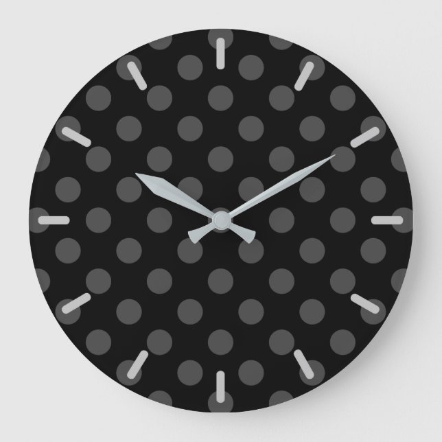Reloj Redondo Grande Pos de polka gris sobre negro (Anverso)